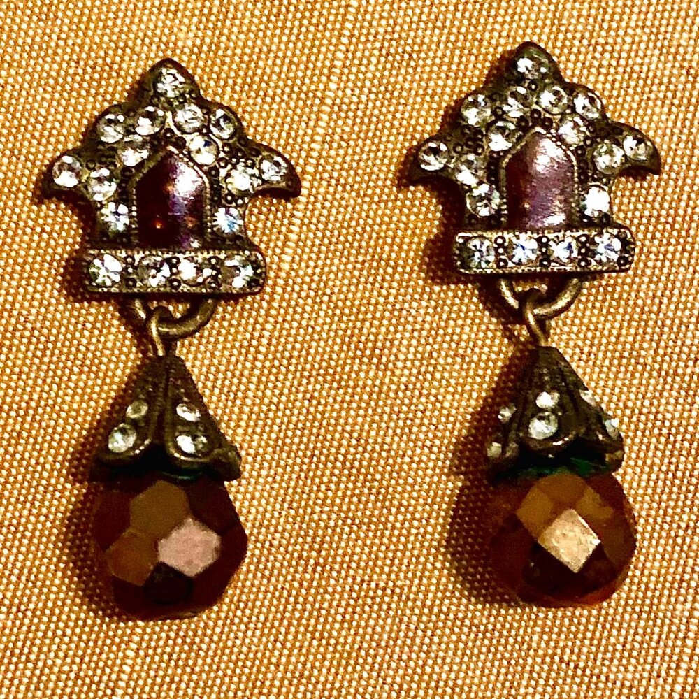 NWT SWEET ROMANCE Antique Style Bronze Amber Crystal Dangle Post Earrings